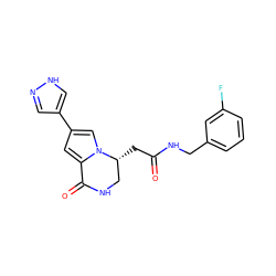 O=C(C[C@@H]1CNC(=O)c2cc(-c3cn[nH]c3)cn21)NCc1cccc(F)c1 ZINC000169332465