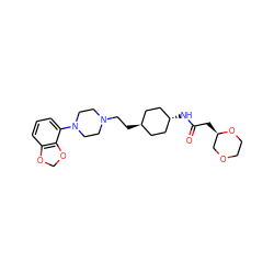 O=C(C[C@@H]1COCCO1)N[C@H]1CC[C@H](CCN2CCN(c3cccc4c3OCO4)CC2)CC1 ZINC000261094997