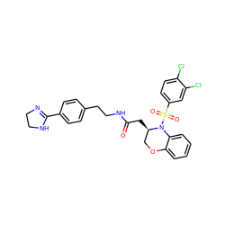 O=C(C[C@@H]1COc2ccccc2N1S(=O)(=O)c1ccc(Cl)c(Cl)c1)NCCc1ccc(C2=NCCN2)cc1 ZINC000084632546