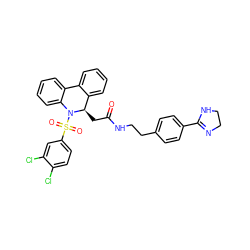 O=C(C[C@@H]1c2ccccc2-c2ccccc2N1S(=O)(=O)c1ccc(Cl)c(Cl)c1)NCCc1ccc(C2=NCCN2)cc1 ZINC000084634866