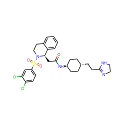 O=C(C[C@@H]1c2ccccc2CCN1S(=O)(=O)c1ccc(Cl)c(Cl)c1)N[C@H]1CC[C@H](CCC2=NCCN2)CC1 ZINC000261094850