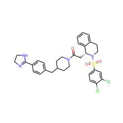 O=C(C[C@@H]1c2ccccc2CCN1S(=O)(=O)c1ccc(Cl)c(Cl)c1)N1CCC(Cc2ccc(C3=NCCN3)cc2)CC1 ZINC000084618510