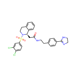 O=C(C[C@@H]1c2ccccc2CCN1S(=O)(=O)c1ccc(Cl)c(Cl)c1)NCCc1ccc(C2=NCCN2)cc1 ZINC000084619214