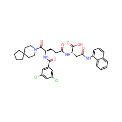 O=C(C[C@H](NC(=O)CC[C@@H](NC(=O)c1cc(Cl)cc(Cl)c1)C(=O)N1CCC2(CCCC2)CC1)C(=O)O)Nc1cccc2ccccc12 ZINC000029214692