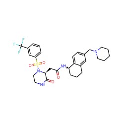 O=C(C[C@H]1C(=O)NCCN1S(=O)(=O)c1cccc(C(F)(F)F)c1)N[C@@H]1CCCc2cc(CN3CCCCC3)ccc21 ZINC000071333706