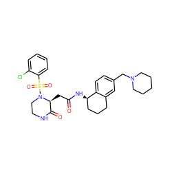 O=C(C[C@H]1C(=O)NCCN1S(=O)(=O)c1ccccc1Cl)N[C@@H]1CCCc2cc(CN3CCCCC3)ccc21 ZINC000071340412