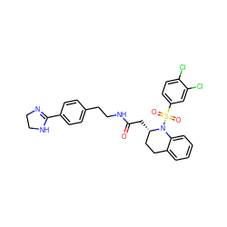 O=C(C[C@H]1CCc2ccccc2N1S(=O)(=O)c1ccc(Cl)c(Cl)c1)NCCc1ccc(C2=NCCN2)cc1 ZINC000084619207