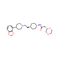 O=C(C[C@H]1COCCO1)N[C@H]1CC[C@H](CCN2CCC(c3cccc4c3OCO4)CC2)CC1 ZINC000261084074