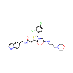 O=C(C[C@H]1S[C@H](c2ccc(Cl)cc2Cl)N(CC(=O)NCCCN2CCOCC2)C1=O)NCc1ccc2[nH]ccc2c1 ZINC000029389137