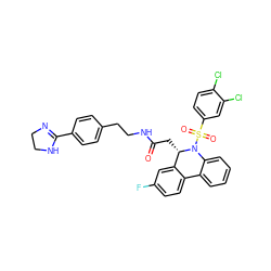 O=C(C[C@H]1c2cc(F)ccc2-c2ccccc2N1S(=O)(=O)c1ccc(Cl)c(Cl)c1)NCCc1ccc(C2=NCCN2)cc1 ZINC000068087522