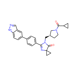 O=C(C1CC1)N1CC[C@@H](CN2C(=O)C3(CC3)N=C2c2ccc(-c3ccc4[nH]ncc4c3)cc2)C1 ZINC000223444463