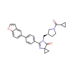 O=C(C1CC1)N1CC[C@@H](CN2C(=O)C3(CC3)N=C2c2ccc(-c3ccc4occc4c3)cc2)C1 ZINC000224166124