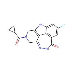 O=C(C1CC1)N1Cc2n[nH]c(=O)c3cc(F)cc4[nH]c(c2c43)C1 ZINC000146384805