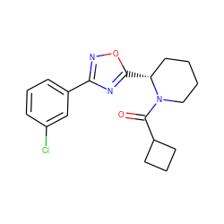 O=C(C1CCC1)N1CCCC[C@H]1c1nc(-c2cccc(Cl)c2)no1 ZINC000035280862