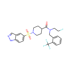 O=C(C1CCN(S(=O)(=O)c2ccc3[nH]ncc3c2)CC1)N(CCF)Cc1ccccc1C(F)(F)F ZINC000205402805