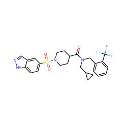 O=C(C1CCN(S(=O)(=O)c2ccc3[nH]ncc3c2)CC1)N(Cc1ccccc1C(F)(F)F)CC1CC1 ZINC000299822713