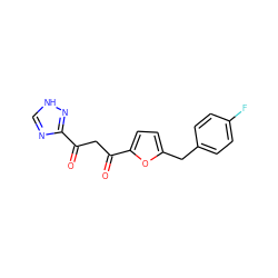 O=C(CC(=O)c1ccc(Cc2ccc(F)cc2)o1)c1nc[nH]n1 ZINC000100406242