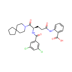 O=C(CC[C@@H](NC(=O)c1cc(Cl)cc(Cl)c1)C(=O)N1CCC2(CCCC2)CC1)Nc1ccccc1C(=O)O ZINC000029217340