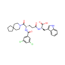 O=C(CC[C@H](NC(=O)c1cc(Cl)cc(Cl)c1)C(=O)N1CCC2(CCCC2)CC1)N[C@H](Cc1c[nH]c2ccccc12)C(=O)O ZINC000003932815