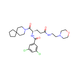 O=C(CC[C@H](NC(=O)c1cc(Cl)cc(Cl)c1)C(=O)N1CCC2(CCCC2)CC1)NCCN1CCOCC1 ZINC000027987736