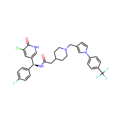 O=C(CC1CCN(Cc2ccn(-c3ccc(C(F)(F)F)cc3)c2)CC1)N[C@@H](c1ccc(F)cc1)c1c[nH]c(=O)c(Cl)c1 ZINC000042967381