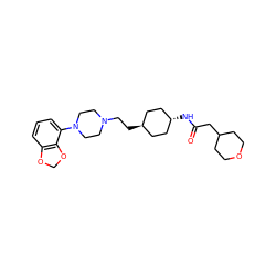 O=C(CC1CCOCC1)N[C@H]1CC[C@H](CCN2CCN(c3cccc4c3OCO4)CC2)CC1 ZINC000261187589