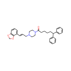 O=C(CCCCC(c1ccccc1)c1ccccc1)N1CCN(C/C=C/c2cccc3c2OCO3)CC1 ZINC000049066892