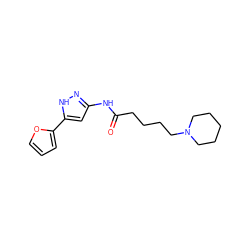 O=C(CCCCN1CCCCC1)Nc1cc(-c2ccco2)[nH]n1 ZINC000084740618