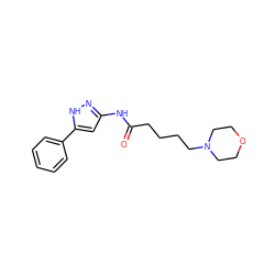 O=C(CCCCN1CCOCC1)Nc1cc(-c2ccccc2)[nH]n1 ZINC000299856232