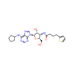 O=C(CCCc1cccs1)N[C@H]1[C@@H](CO)O[C@@H](n2cnc3c(NC4CCCC4)ncnc32)[C@@H]1O ZINC000013473189