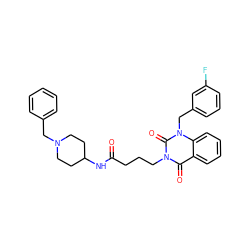 O=C(CCCn1c(=O)c2ccccc2n(Cc2cccc(F)c2)c1=O)NC1CCN(Cc2ccccc2)CC1 ZINC000009616729