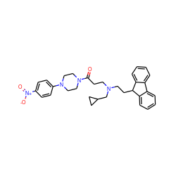 O=C(CCN(CCC1c2ccccc2-c2ccccc21)CC1CC1)N1CCN(c2ccc([N+](=O)[O-])cc2)CC1 ZINC000040892304