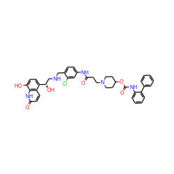 O=C(CCN1CCC(OC(=O)Nc2ccccc2-c2ccccc2)CC1)Nc1ccc(CNC[C@H](O)c2ccc(O)c3[nH]c(=O)ccc23)c(Cl)c1 ZINC000163095184