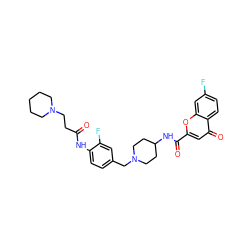 O=C(CCN1CCCCC1)Nc1ccc(CN2CCC(NC(=O)c3cc(=O)c4ccc(F)cc4o3)CC2)cc1F ZINC000028884236