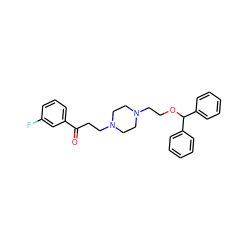 O=C(CCN1CCN(CCOC(c2ccccc2)c2ccccc2)CC1)c1cccc(F)c1 ZINC000022927596