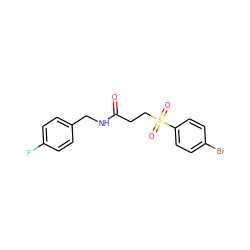 O=C(CCS(=O)(=O)c1ccc(Br)cc1)NCc1ccc(F)cc1 ZINC000002940556