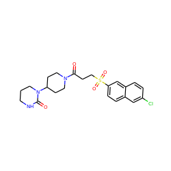 O=C(CCS(=O)(=O)c1ccc2cc(Cl)ccc2c1)N1CCC(N2CCCNC2=O)CC1 ZINC000049053673