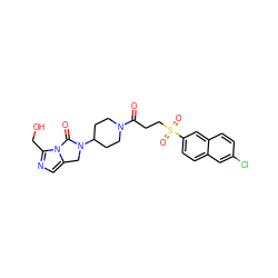 O=C(CCS(=O)(=O)c1ccc2cc(Cl)ccc2c1)N1CCC(N2Cc3cnc(CO)n3C2=O)CC1 ZINC000038520849