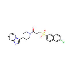 O=C(CCS(=O)(=O)c1ccc2cc(Cl)ccc2c1)N1CCC(c2cnc3ccccn23)CC1 ZINC000040421242