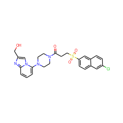 O=C(CCS(=O)(=O)c1ccc2cc(Cl)ccc2c1)N1CCN(c2cccc3nc(CO)cn23)CC1 ZINC000029056612