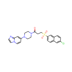 O=C(CCS(=O)(=O)c1ccc2cc(Cl)ccc2c1)N1CCN(c2ccn3ccnc3c2)CC1 ZINC000029055872