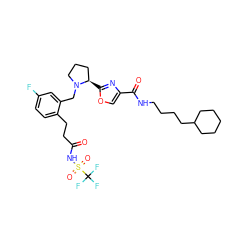 O=C(CCc1ccc(F)cc1CN1CCC[C@H]1c1nc(C(=O)NCCCCC2CCCCC2)co1)NS(=O)(=O)C(F)(F)F ZINC000114358914