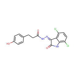 O=C(CCc1ccc(O)cc1)N/N=C1\C(=O)Nc2c(Cl)ccc(Cl)c21 ZINC000072177287