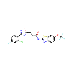 O=C(CCc1nc(-c2ccc(F)cc2Cl)no1)Nc1nc2ccc(OC(F)(F)F)cc2s1 ZINC000040425094