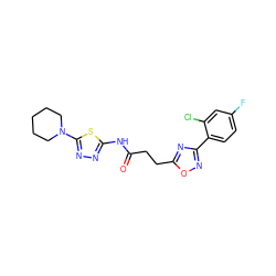 O=C(CCc1nc(-c2ccc(F)cc2Cl)no1)Nc1nnc(N2CCCCC2)s1 ZINC000040424908