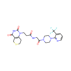 O=C(CCn1c2c(c(=O)[nH]c1=O)CSCC2)NCC(=O)N1CCN(c2ncccc2C(F)(F)F)CC1 ZINC000026935248