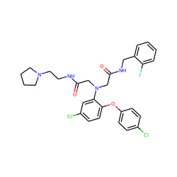 O=C(CN(CC(=O)NCc1ccccc1F)c1cc(Cl)ccc1Oc1ccc(Cl)cc1)NCCN1CCCC1 ZINC000299827107