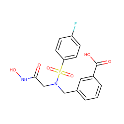 O=C(CN(Cc1cccc(C(=O)O)c1)S(=O)(=O)c1ccc(F)cc1)NO ZINC001772620482