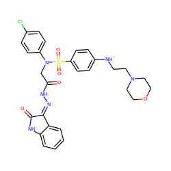 O=C(CN(c1ccc(Cl)cc1)S(=O)(=O)c1ccc(NCCN2CCOCC2)cc1)N/N=C1\C(=O)Nc2ccccc21 ZINC000028530757