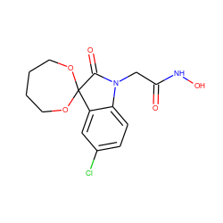 O=C(CN1C(=O)C2(OCCCCO2)c2cc(Cl)ccc21)NO ZINC000096258364